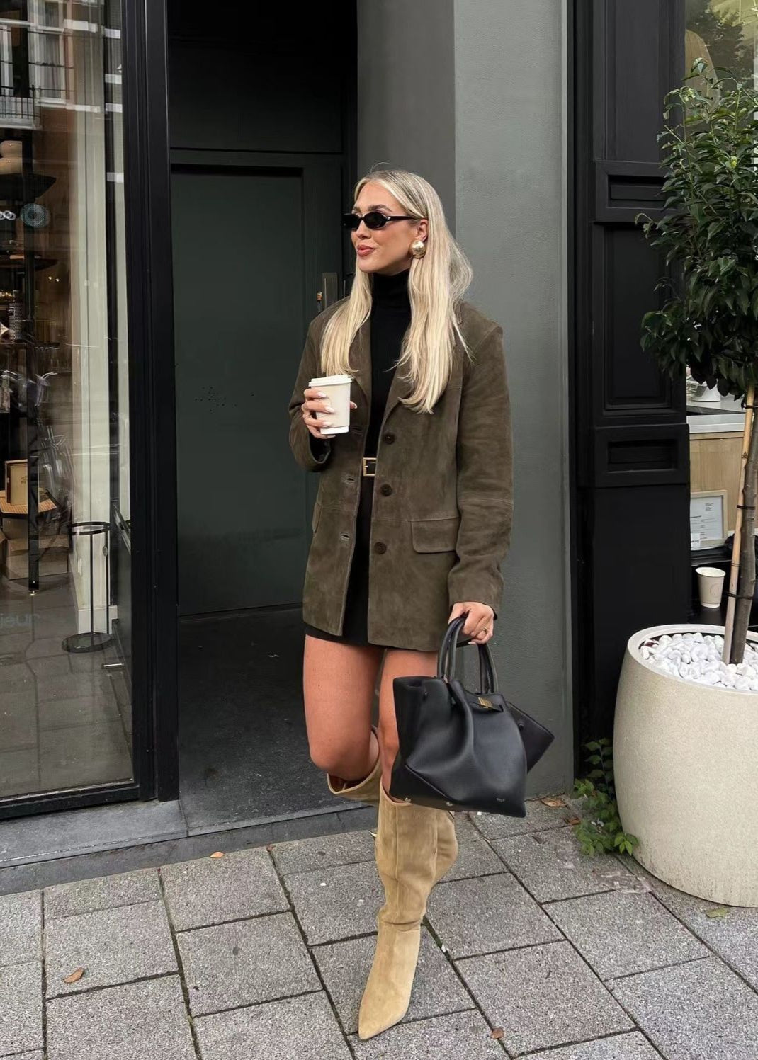 Carmelle - Faux Suede Tailored Blazer in Deep Olive