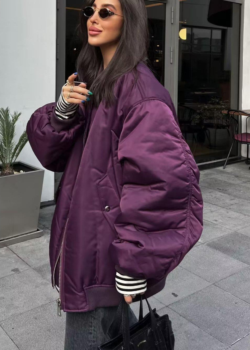 Plum Riot - Oversized Satin Bomber Jacket