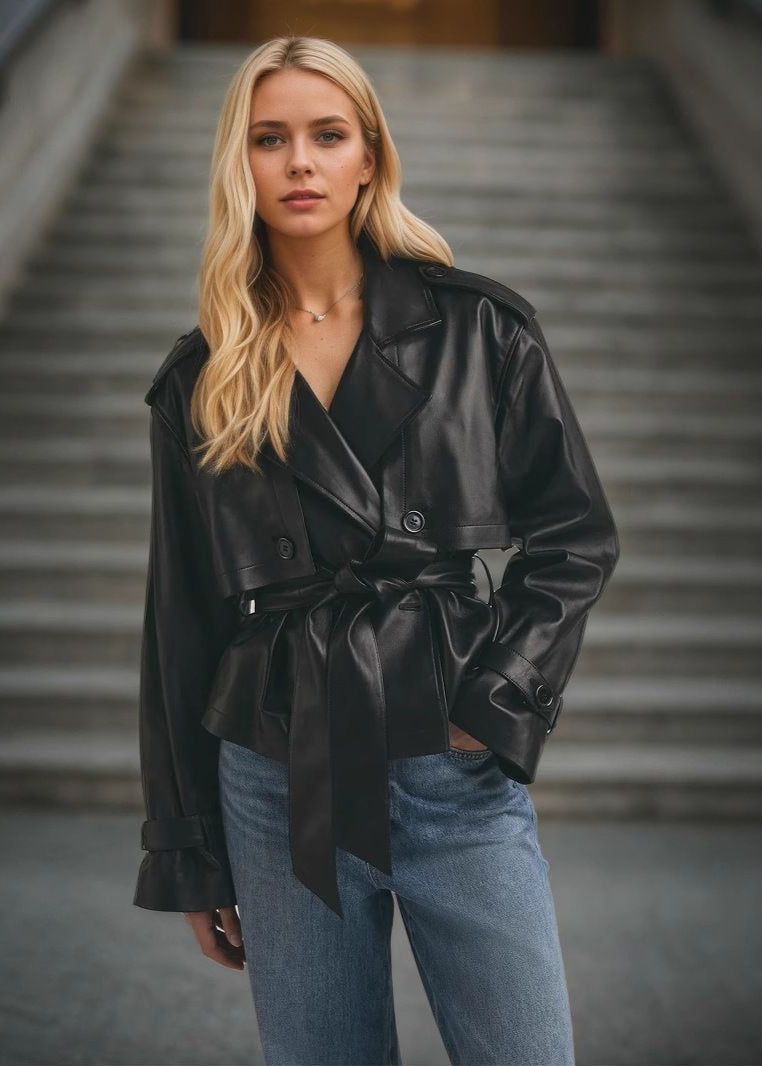 Renna - Faux Leather Cropped Belted Trench Jacket