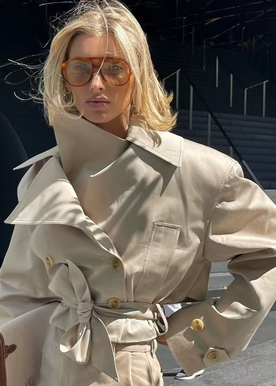 Marceline - Cropped Belted Trench Jacket with Oversized Lapels