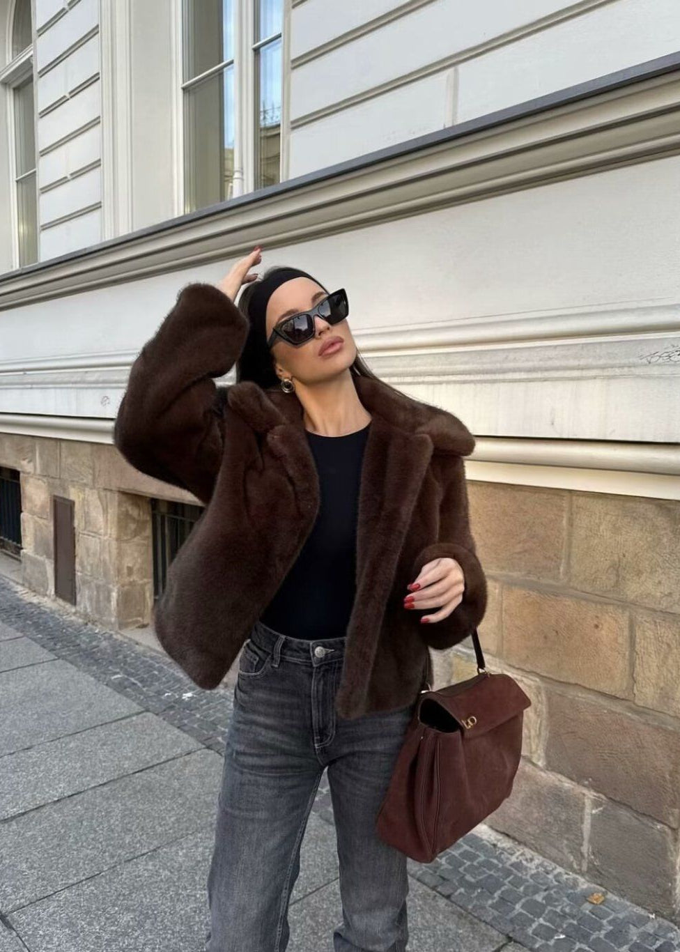 Plush Faux Fur Short Coat – Dark Brown