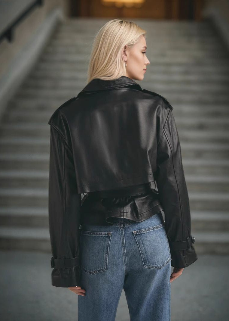 Renna - Faux Leather Cropped Belted Trench Jacket