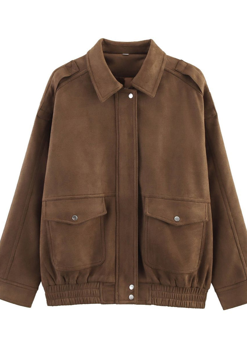 Suede-Effect Oversized Jacket with Front Pockets – Brown