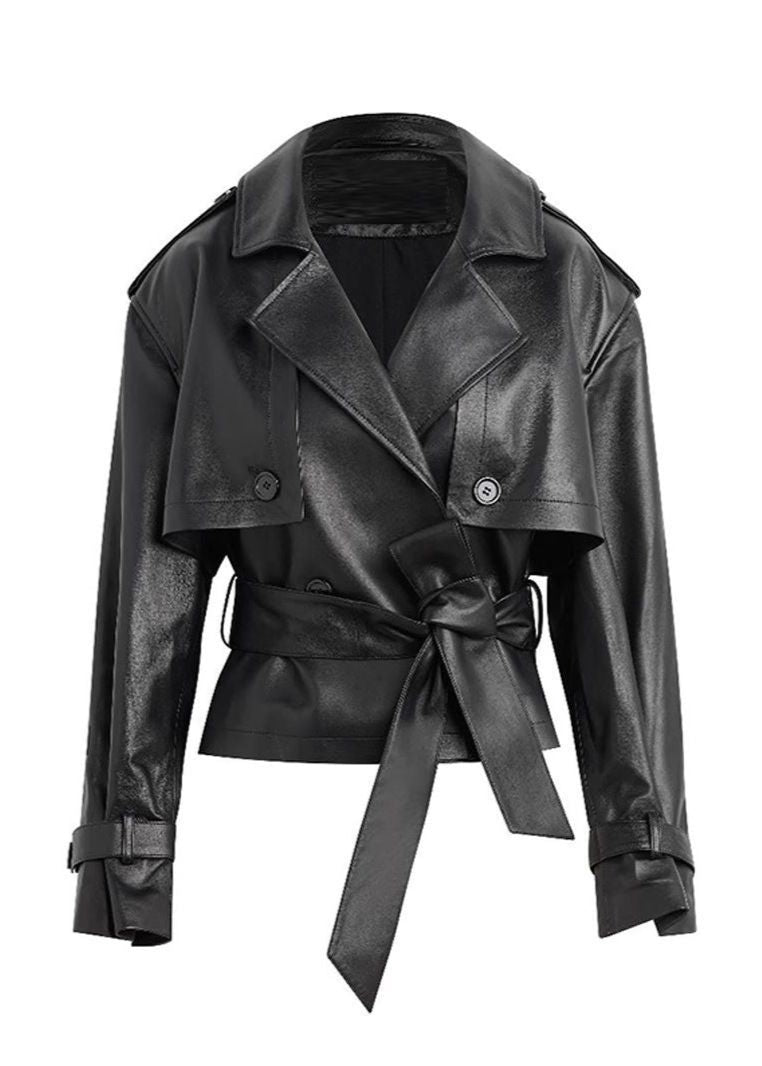 Renna - Faux Leather Cropped Belted Trench Jacket
