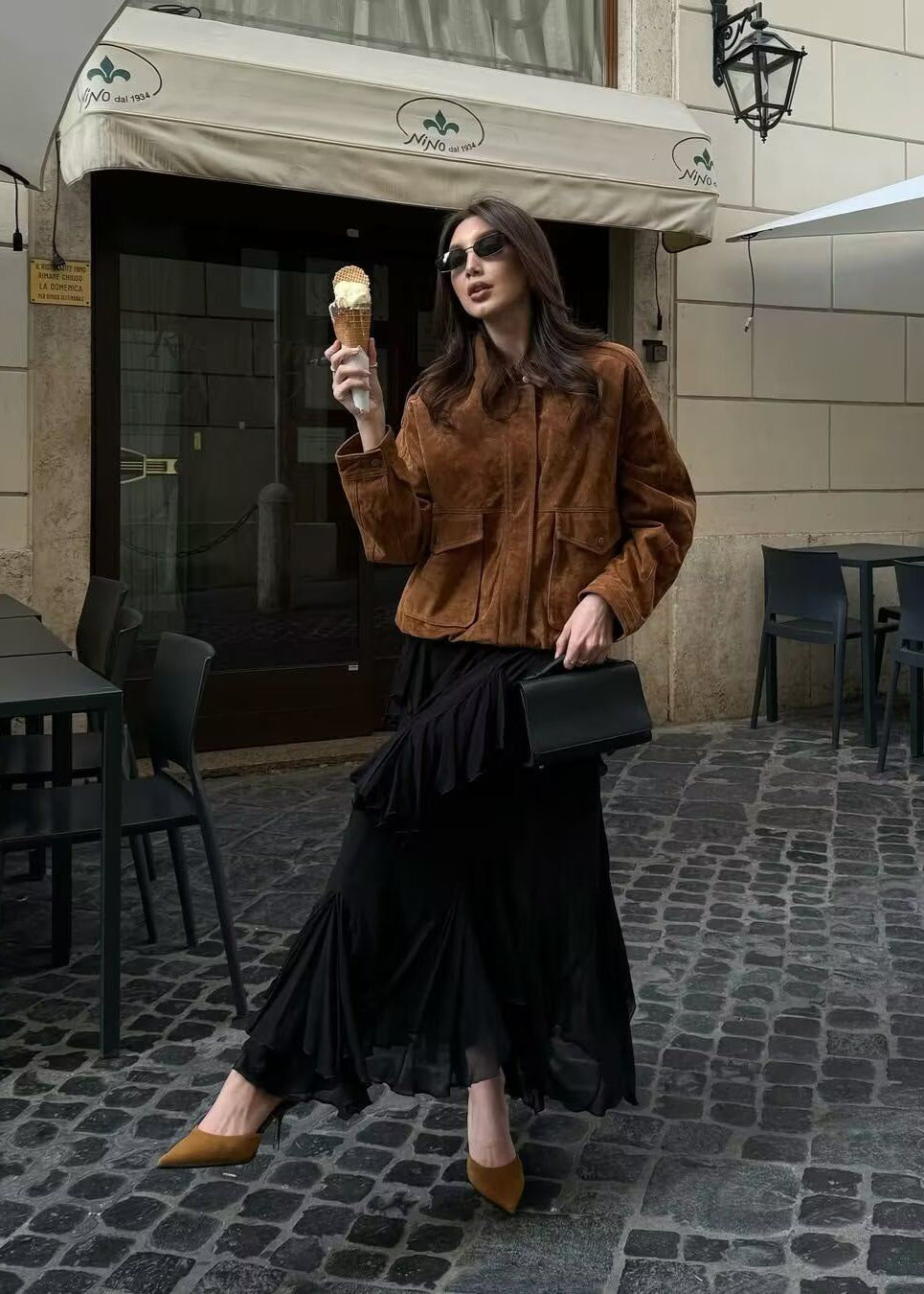 Suede-Effect Oversized Jacket with Front Pockets – Brown