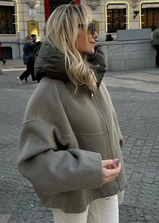 Oversized Hooded Zip Jacket - Padded Collar Comfort