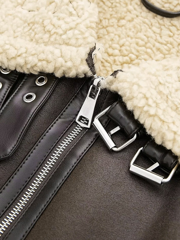 Classic Brown Lambswool Lined Leather Splice Short Jacket