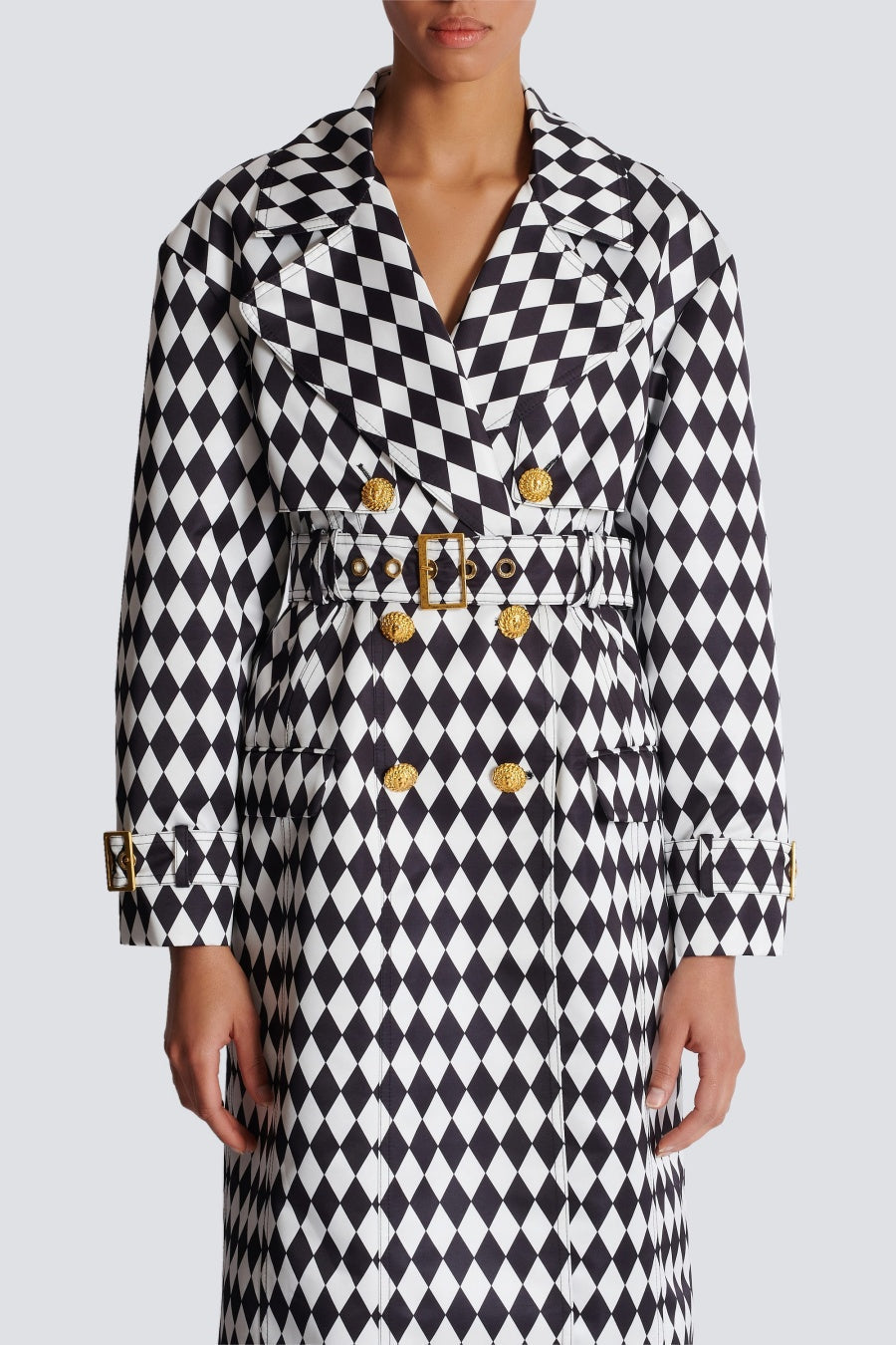 Hyrine Diamond Print Belted Trench Coat