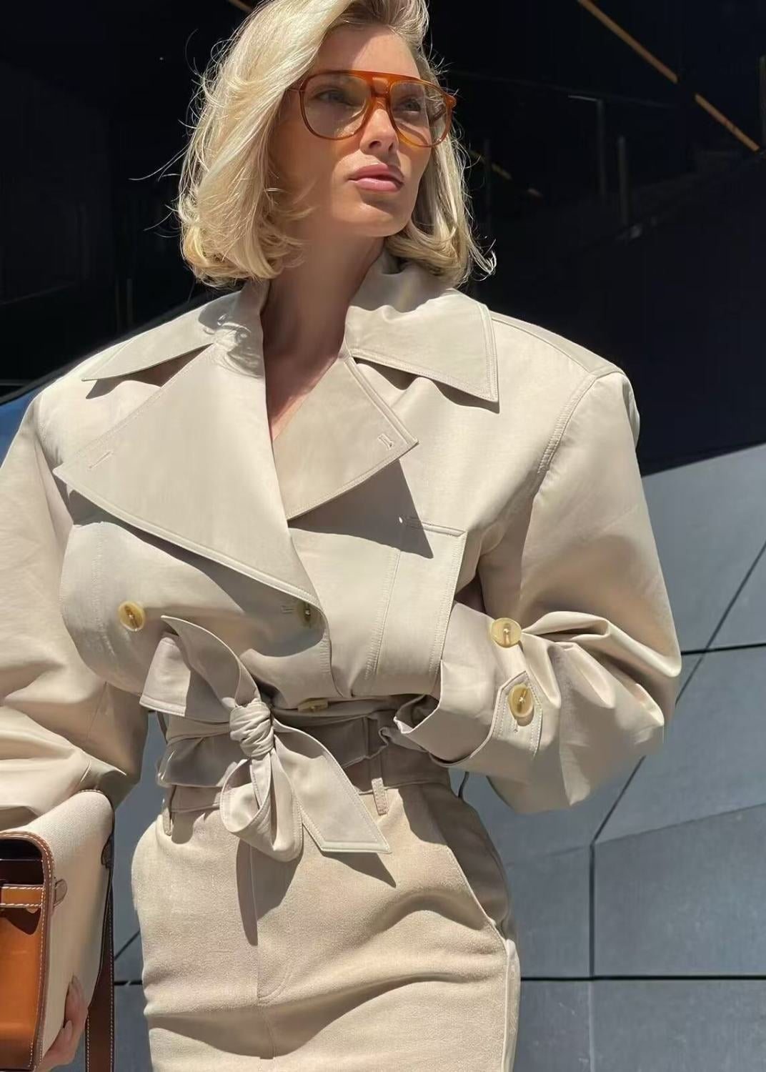 Marceline - Cropped Belted Trench Jacket with Oversized Lapels