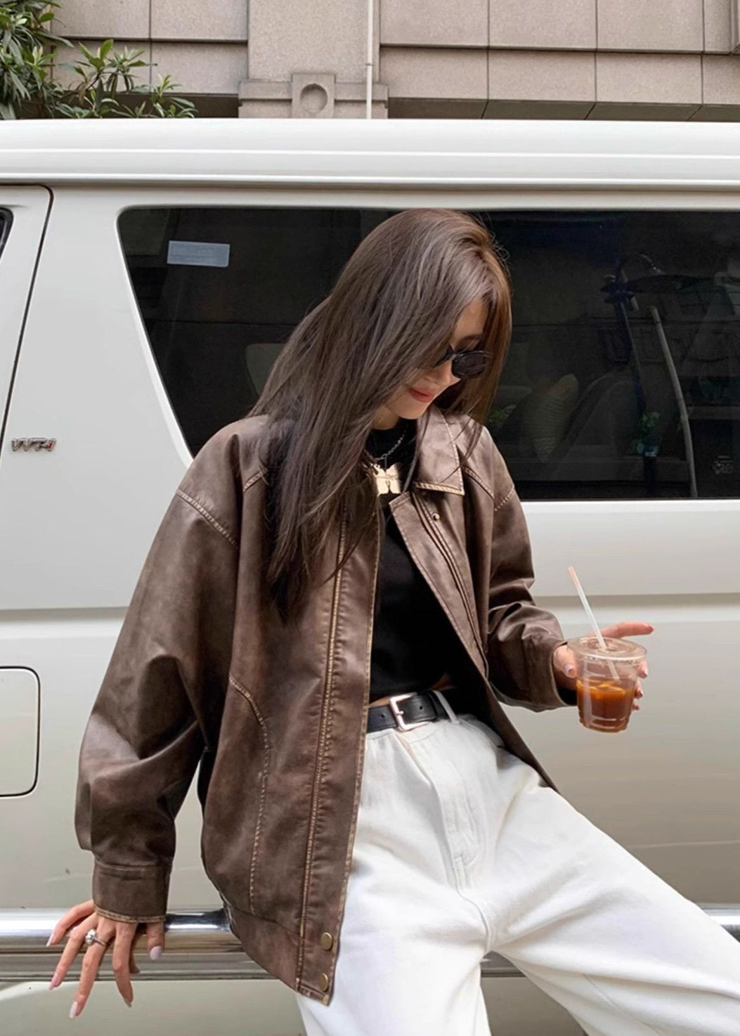 Nova Oversized Faux Leather Jacket – Vintage Brown Streetwear Fit