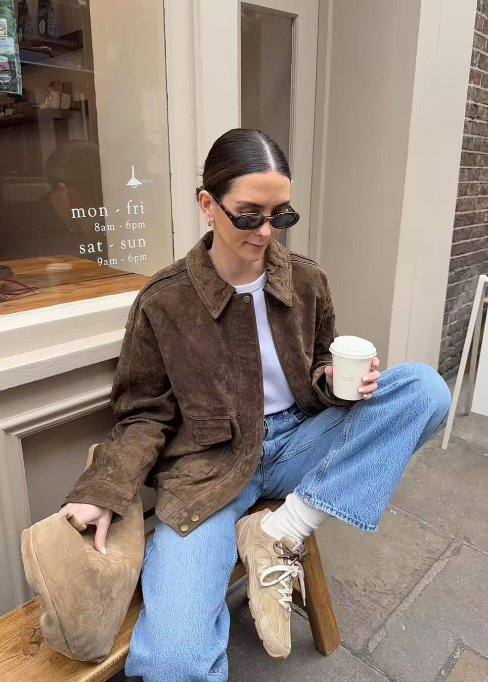 Suede-Effect Oversized Jacket with Front Pockets – Brown