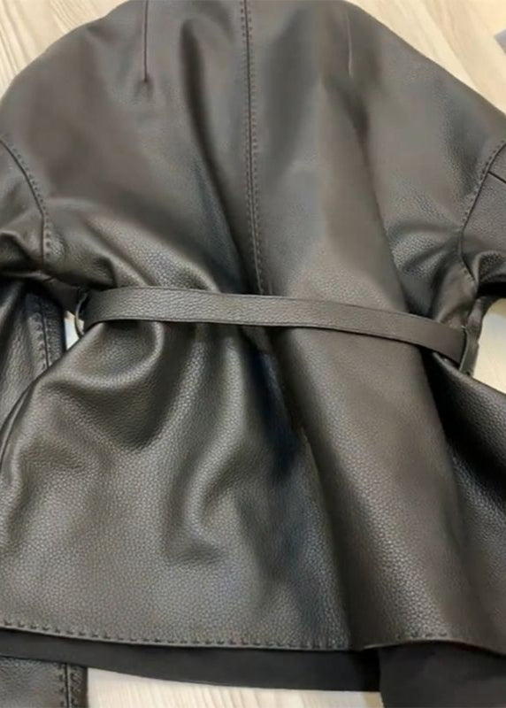 Raven Belted Faux Leather Jacket – Minimalist Wrap Design