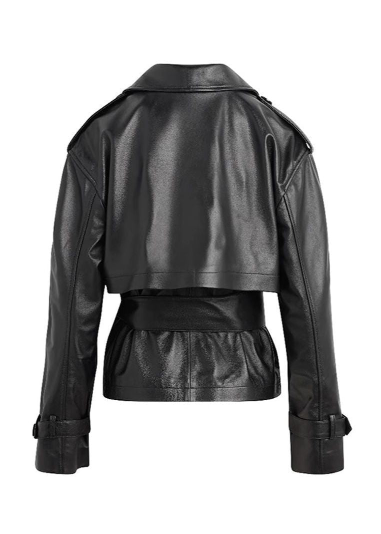 Renna - Faux Leather Cropped Belted Trench Jacket
