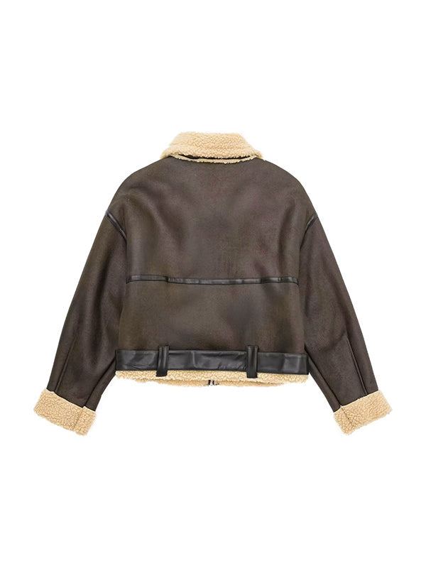 Classic Brown Lambswool Lined Leather Splice Short Jacket