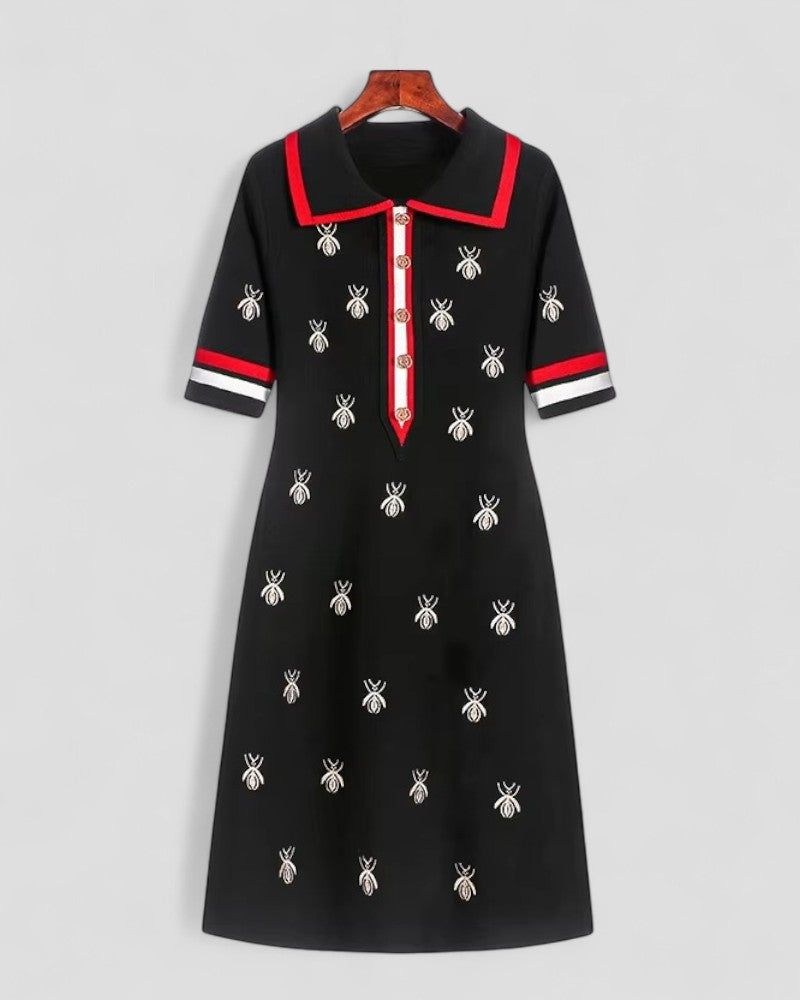 Knitted Polo Collar Short Sleeve Midi Dress for Women