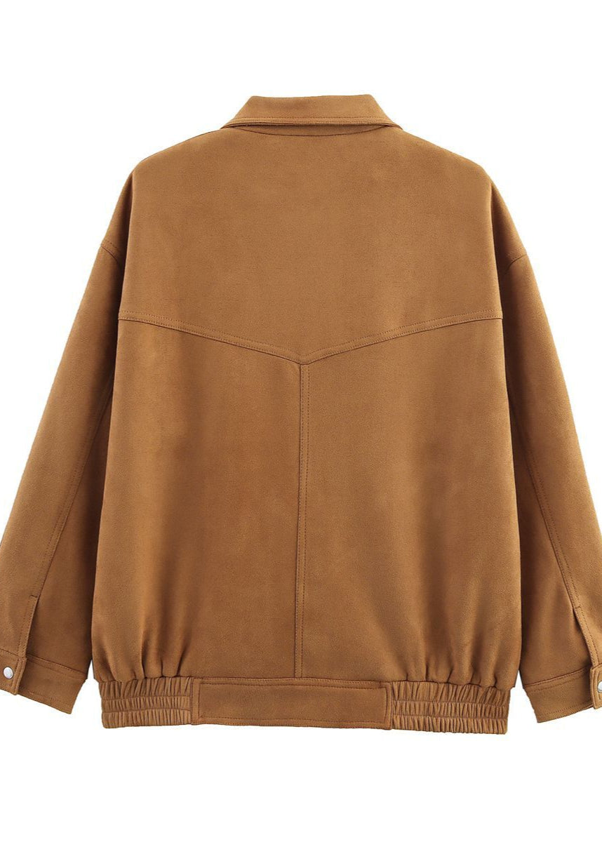 Suede-Effect Oversized Jacket with Front Pockets – Brown