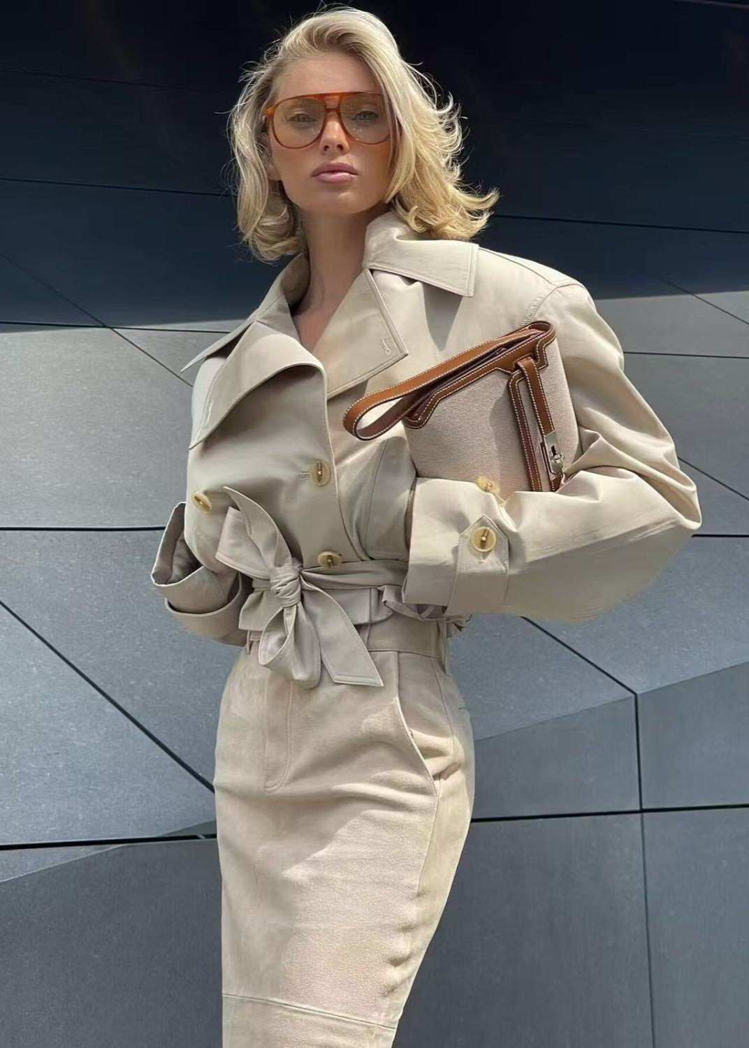 Marceline - Cropped Belted Trench Jacket with Oversized Lapels