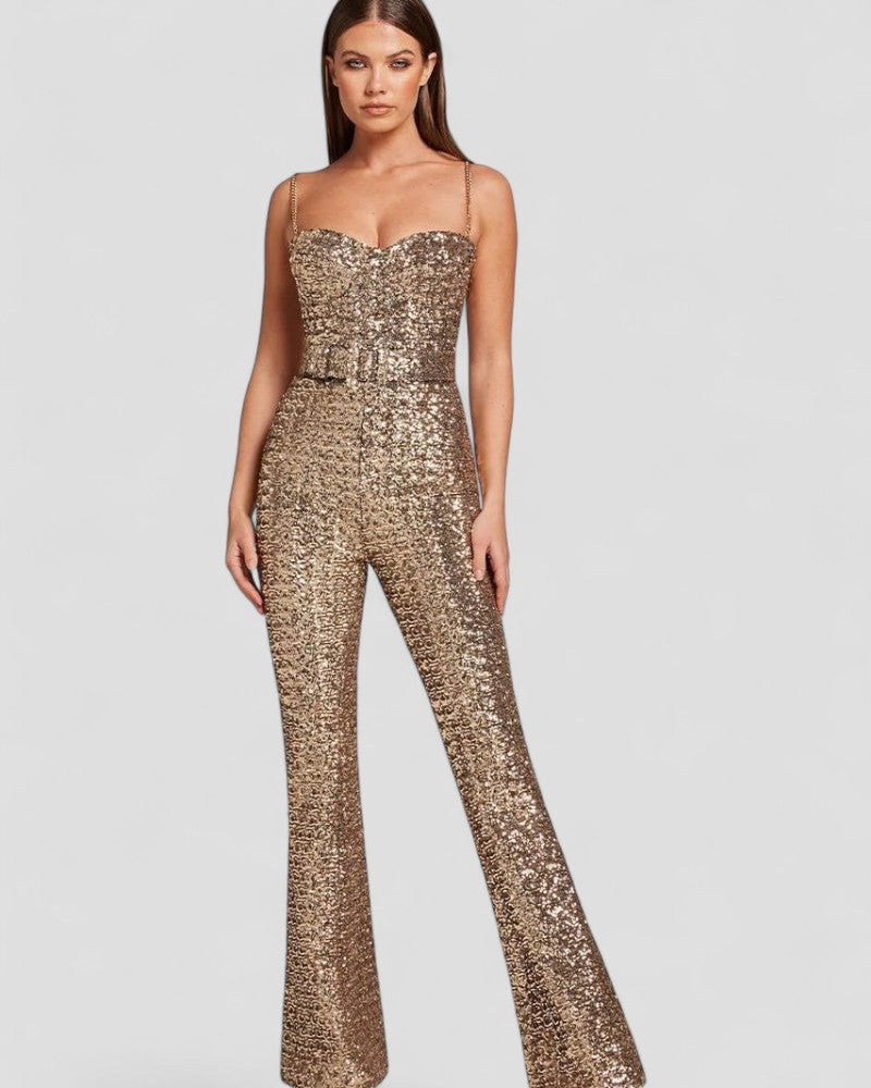 Sequin Flare Jumpsuit with Corset Bodice