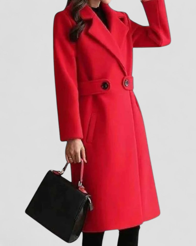 Women Wool Winter Coat with Lapel Collar and Button Detail
