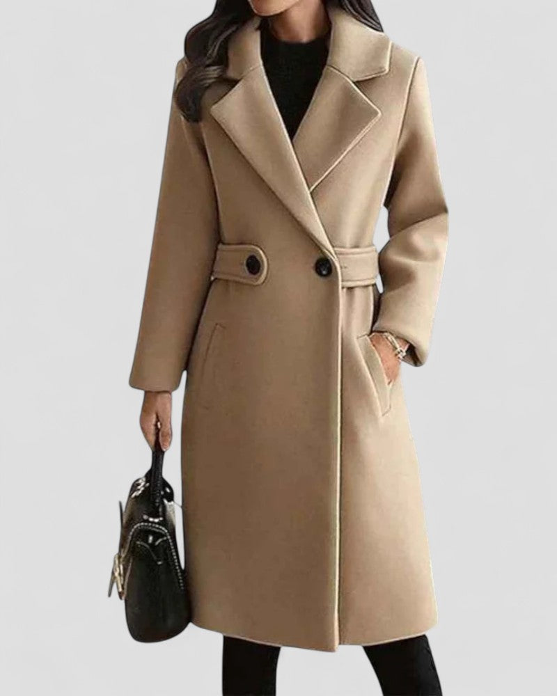Women Wool Winter Coat with Lapel Collar and Button Detail