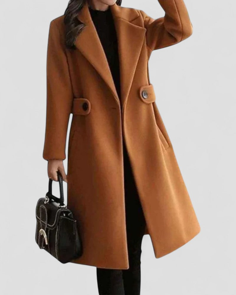 Women Wool Winter Coat with Lapel Collar and Button Detail
