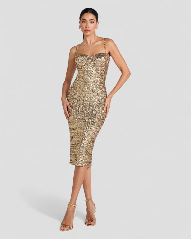 Sequin Bodycon Midi Dress with Chain Straps Party Look