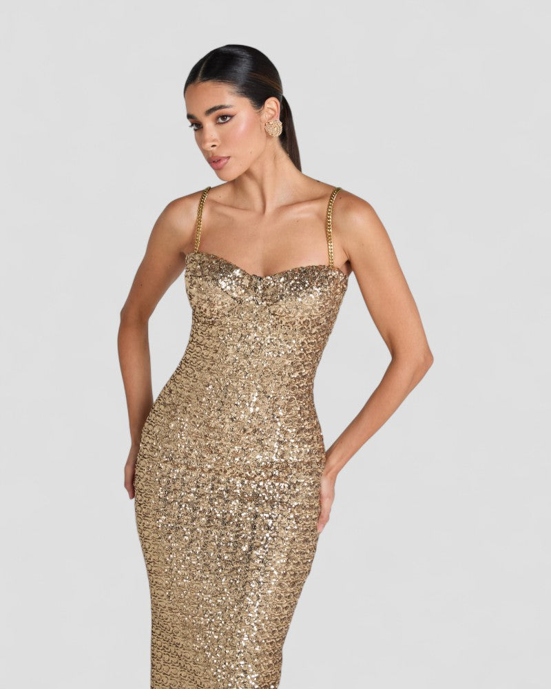 Sequin Bodycon Midi Dress with Chain Straps Party Look