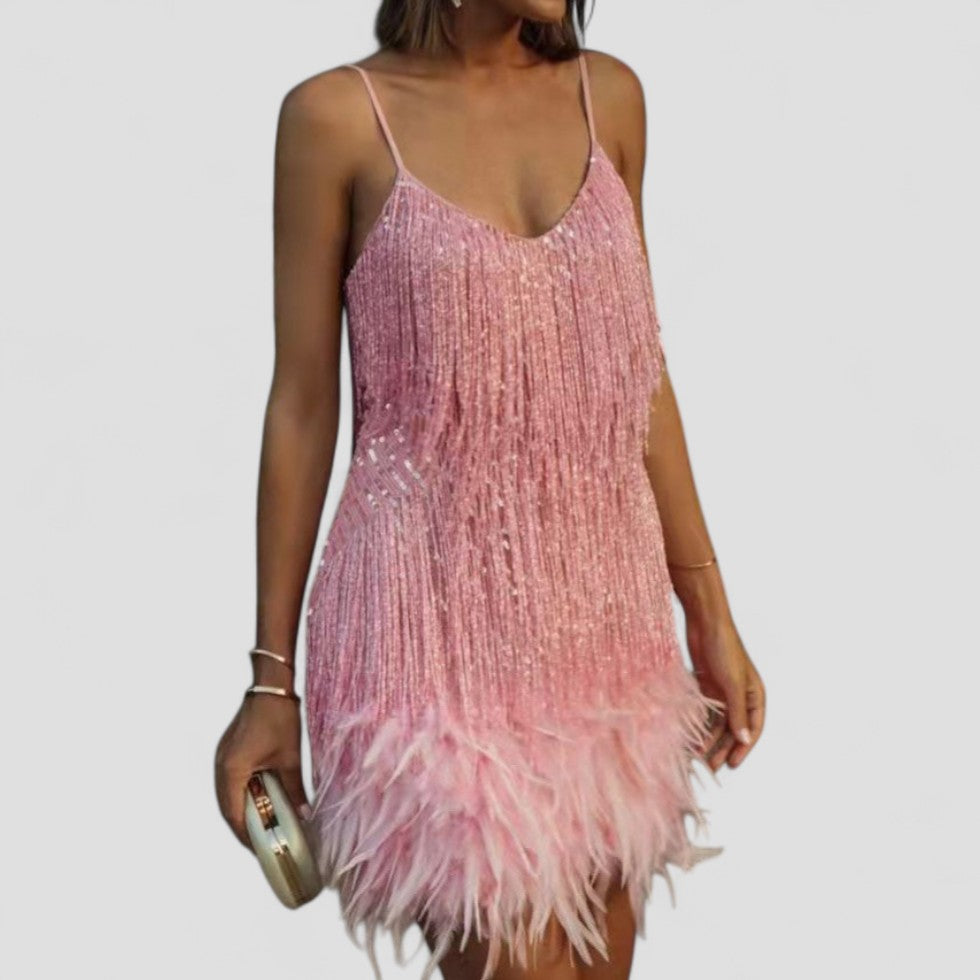 Tassel Sequin Feather Mini Dress for Summer Party Looks