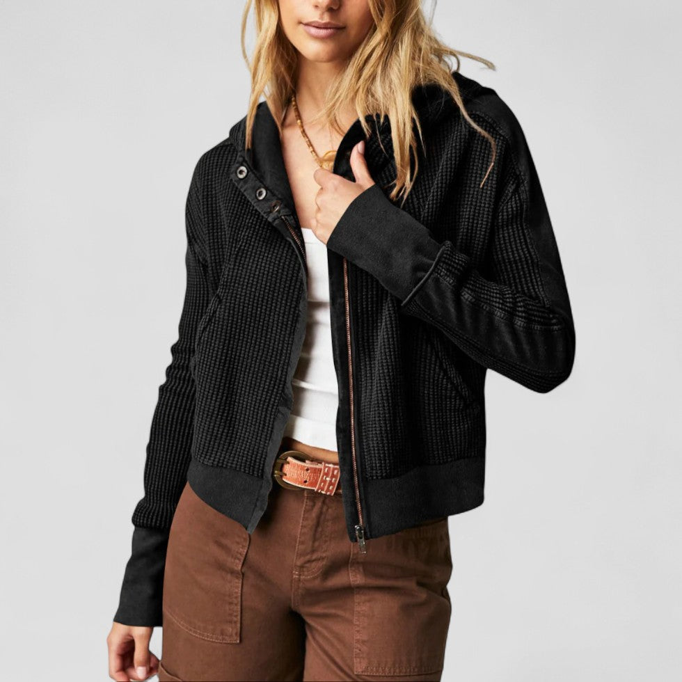 Cotton Waffle Knit Zip Up Hoodie with Button Detail