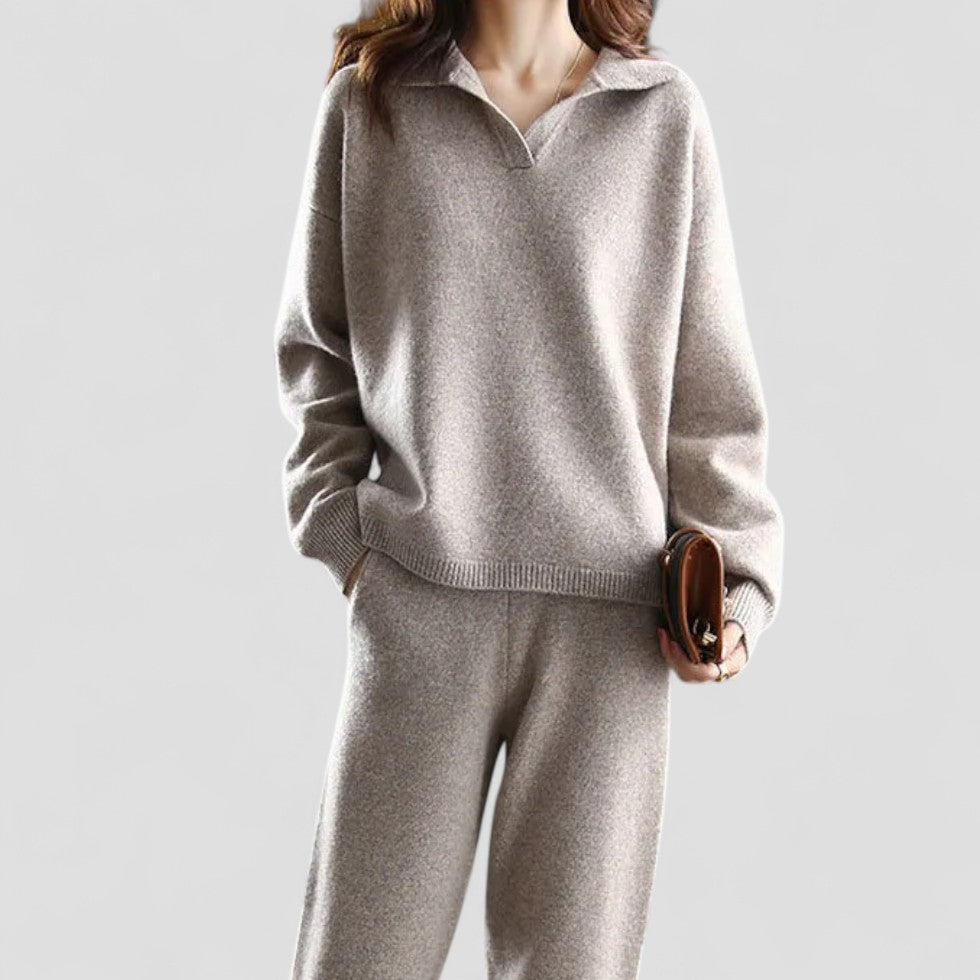 Elegant Knit Polo Sweater and Trouser Set