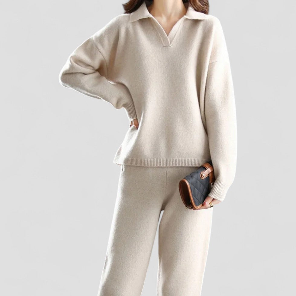 Elegant Knit Polo Sweater and Trouser Set