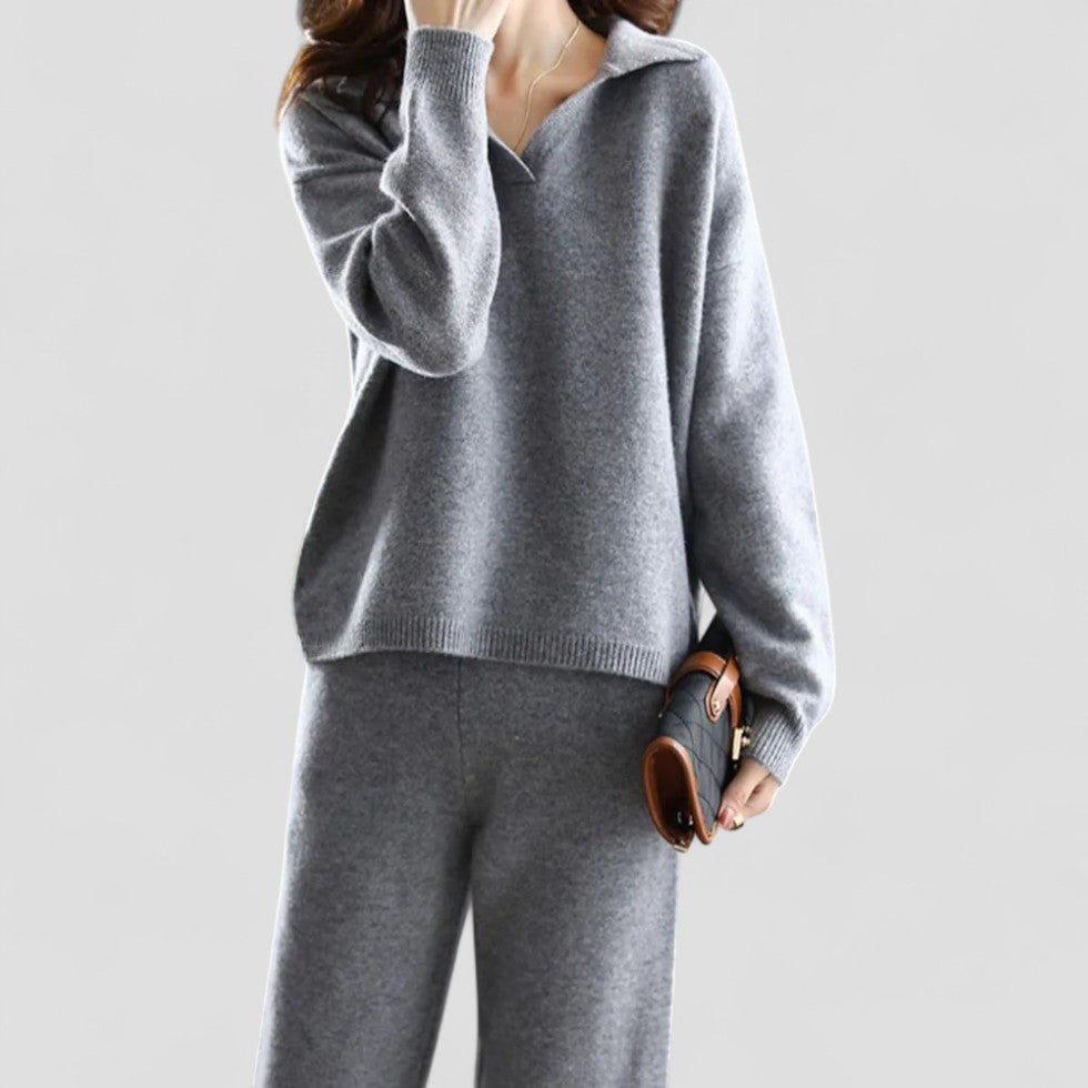 Elegant Knit Polo Sweater and Trouser Set