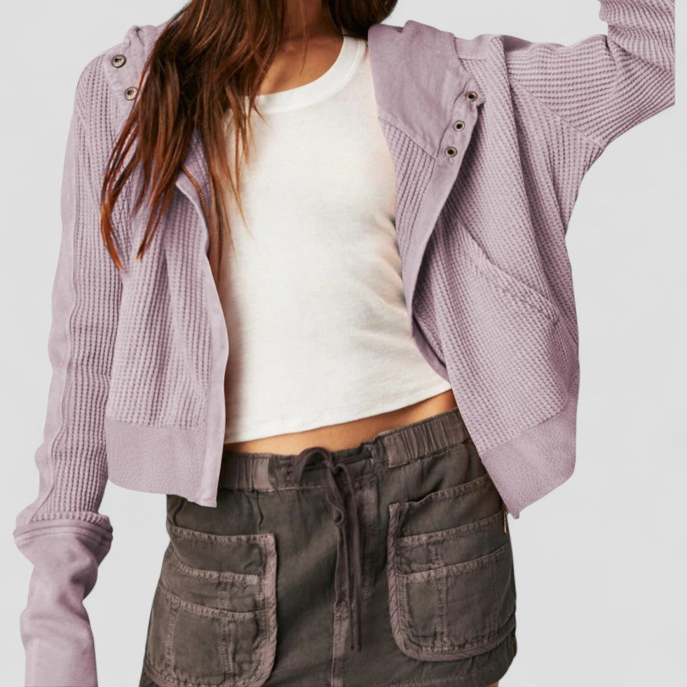 Cotton Waffle Knit Zip Up Hoodie with Button Detail