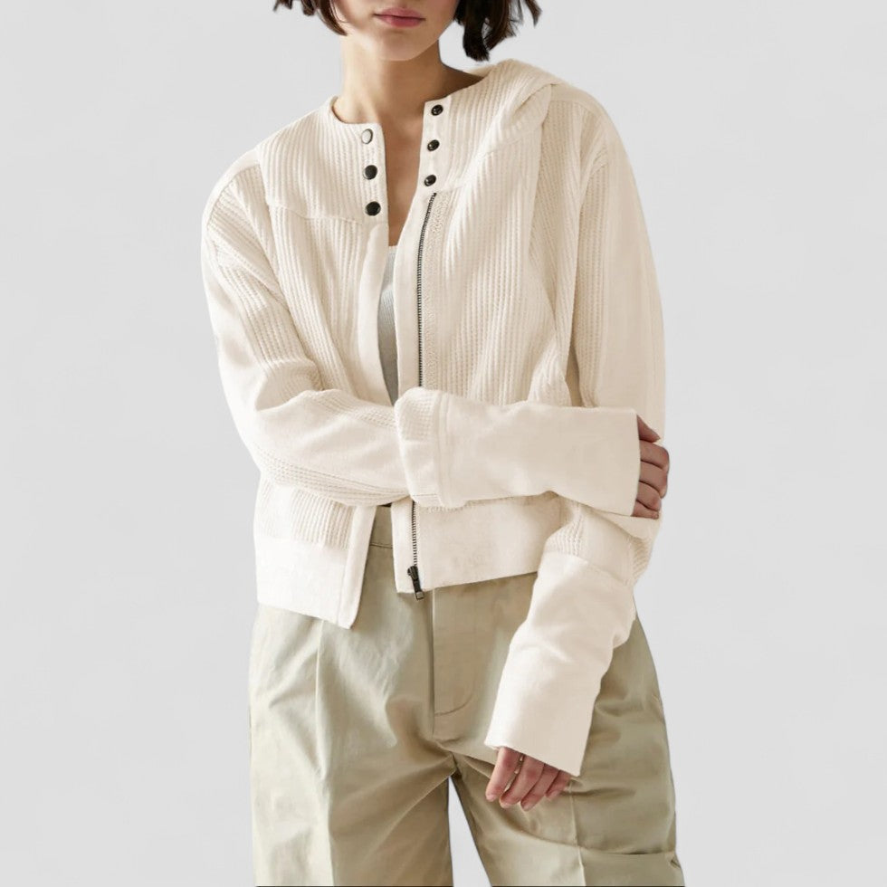 Cotton Waffle Knit Zip Up Hoodie with Button Detail