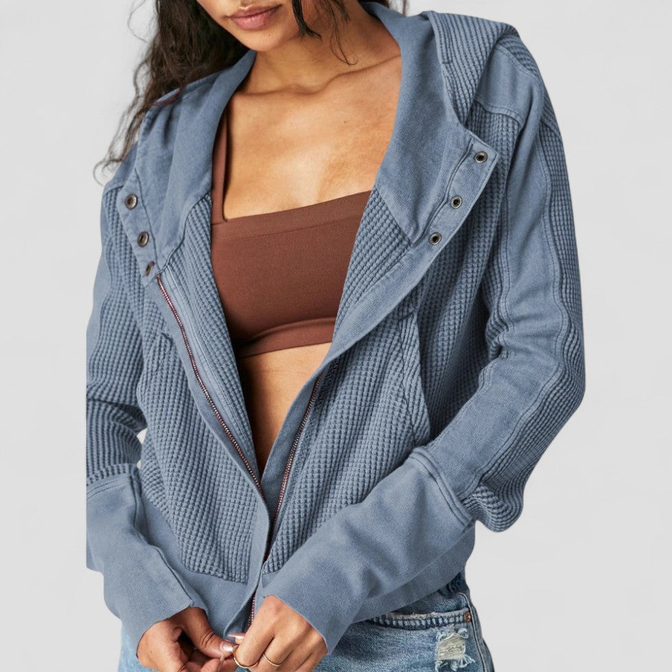 Cotton Waffle Knit Zip Up Hoodie with Button Detail