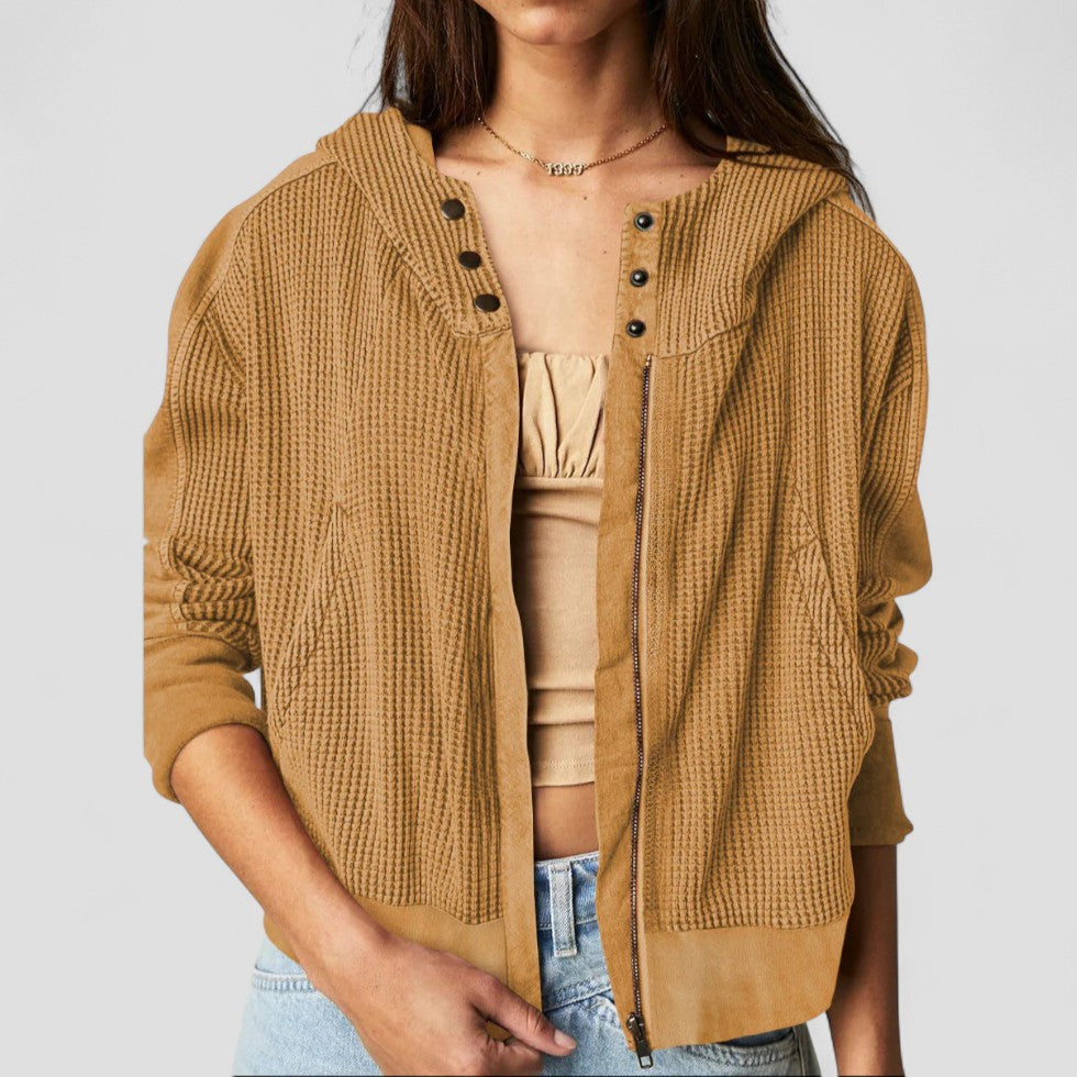 Cotton Waffle Knit Zip Up Hoodie with Button Detail