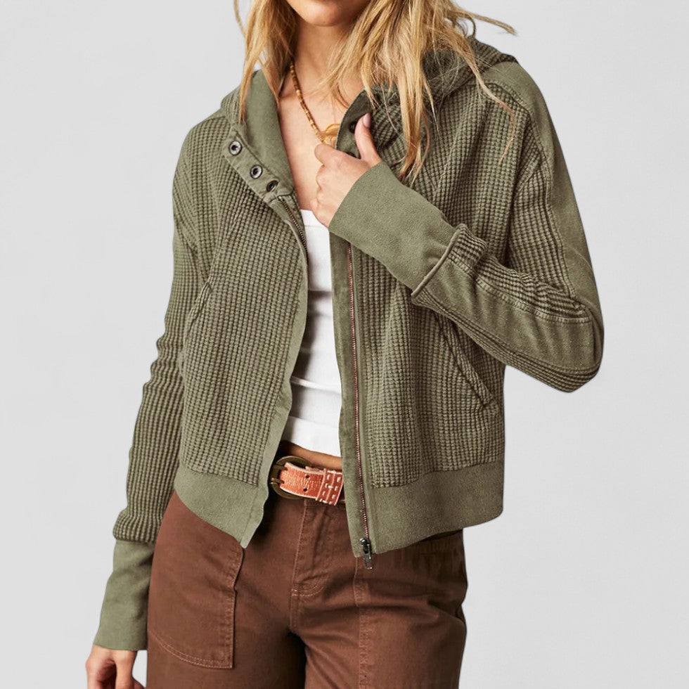 Cotton Waffle Knit Zip Up Hoodie with Button Detail