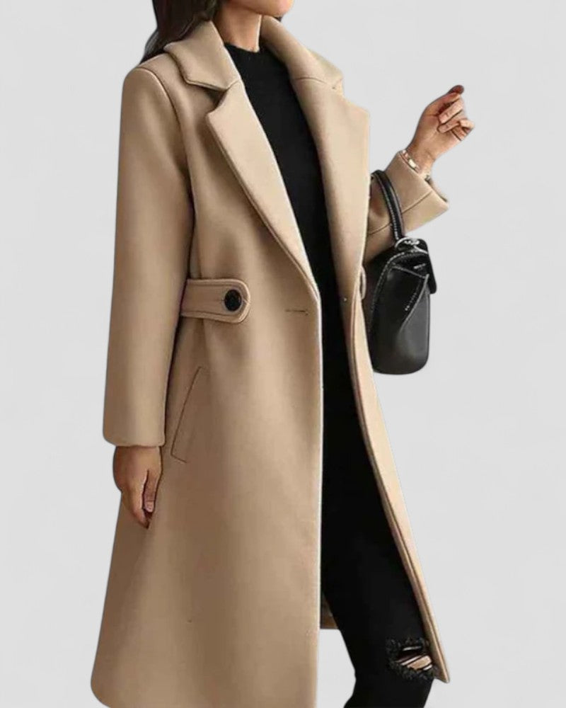 Women Wool Winter Coat with Lapel Collar and Button Detail