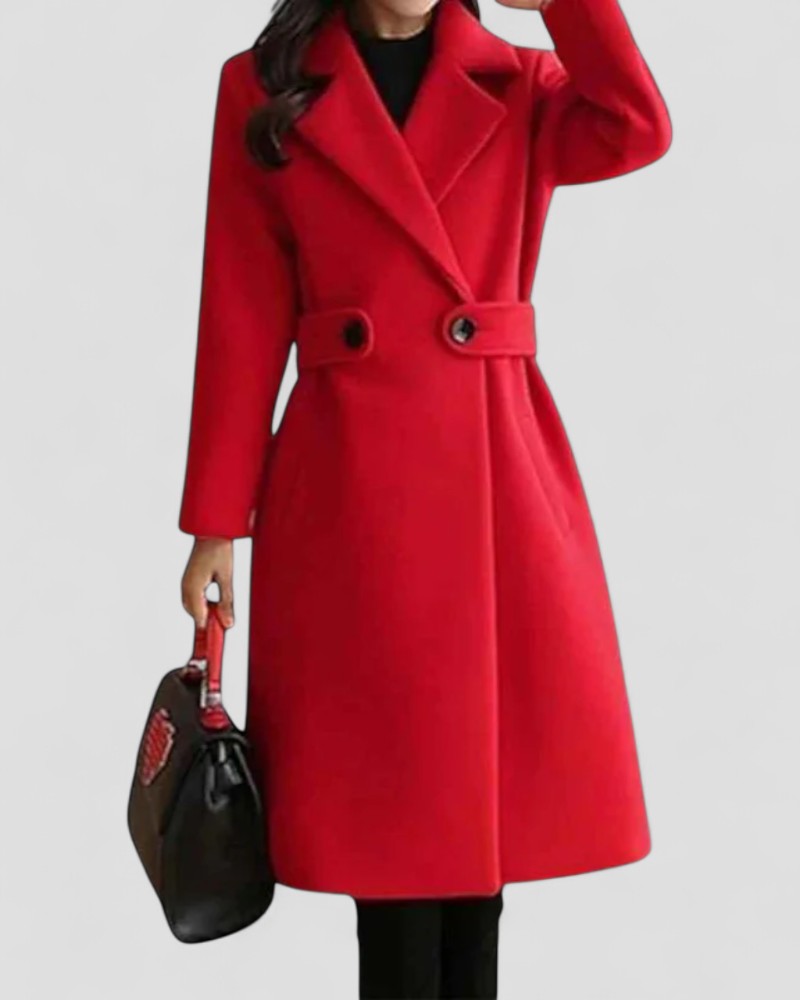 Women Wool Winter Coat with Lapel Collar and Button Detail