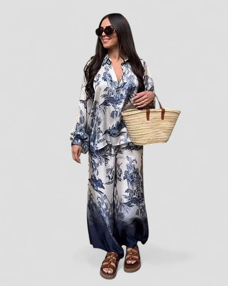 Women’s Tree Print Satin Two Piece Set with Wide Leg Trousers