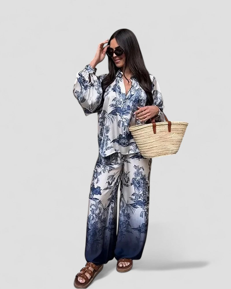 Women’s Tree Print Satin Two Piece Set with Wide Leg Trousers