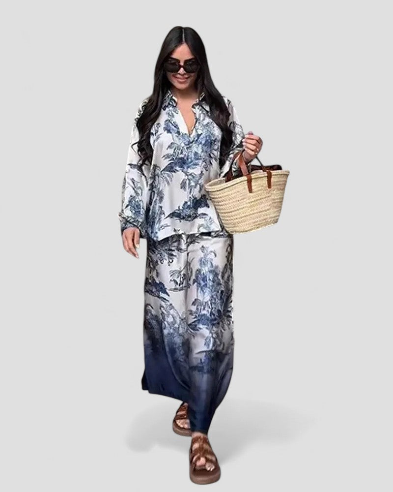 Women’s Tree Print Satin Two Piece Set with Wide Leg Trousers