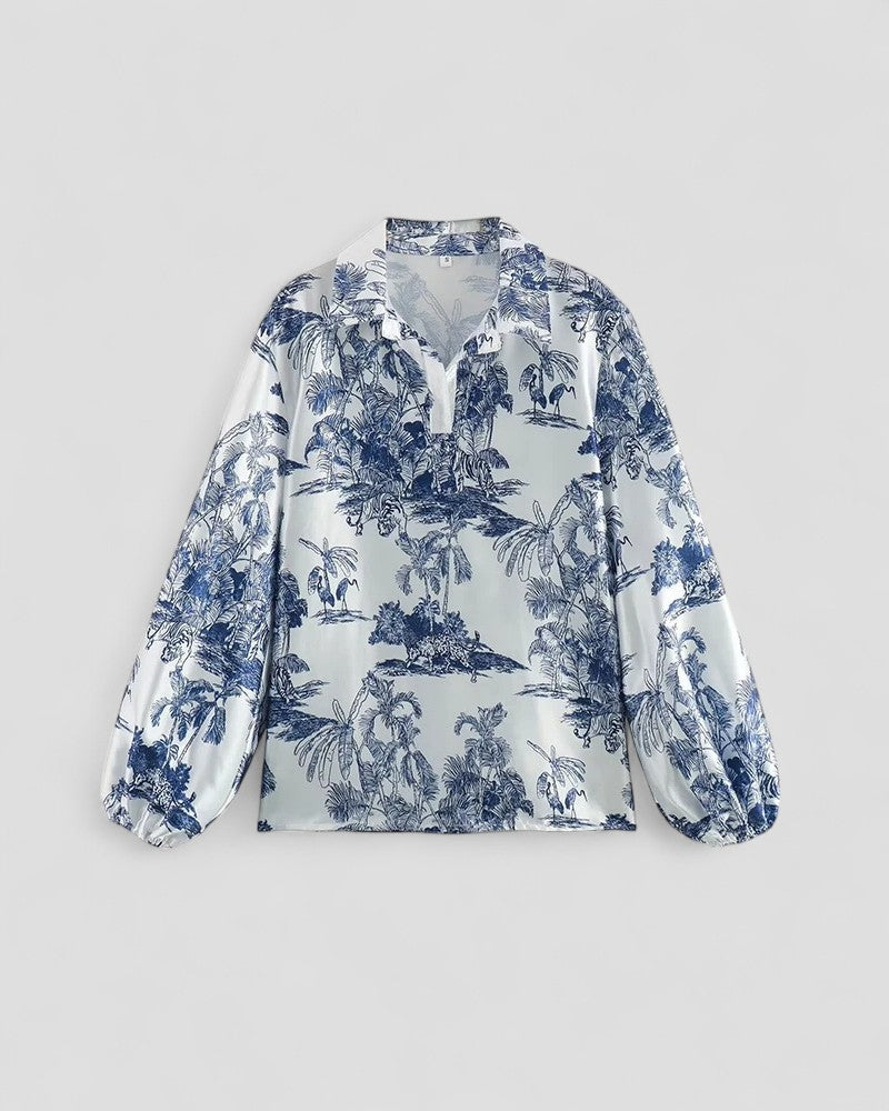 Women’s Tree Print Satin Two Piece Set with Wide Leg Trousers