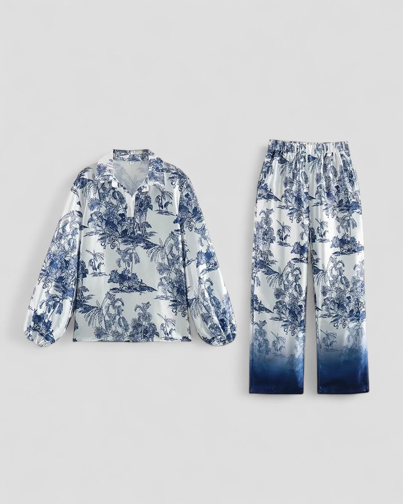 Women’s Tree Print Satin Two Piece Set with Wide Leg Trousers