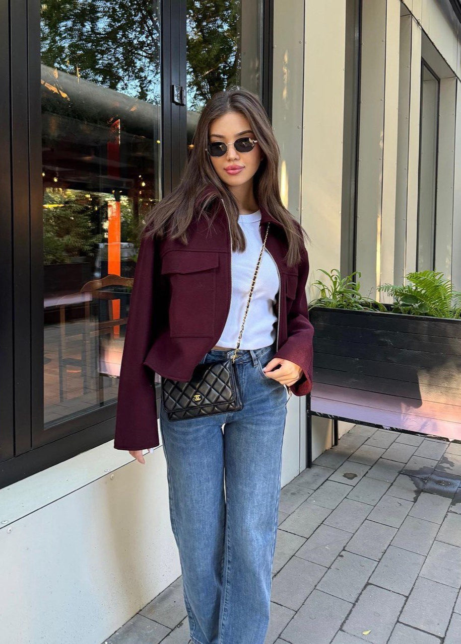 Bordeaux City Zip Jacket – Boxy Wool Blend Fit