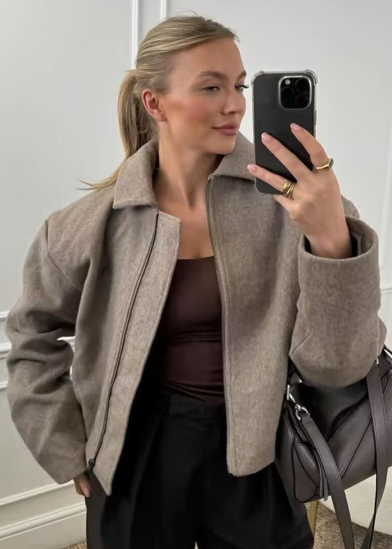 Taupe Core – Structured Zip-Up Wool-Blend Jacket