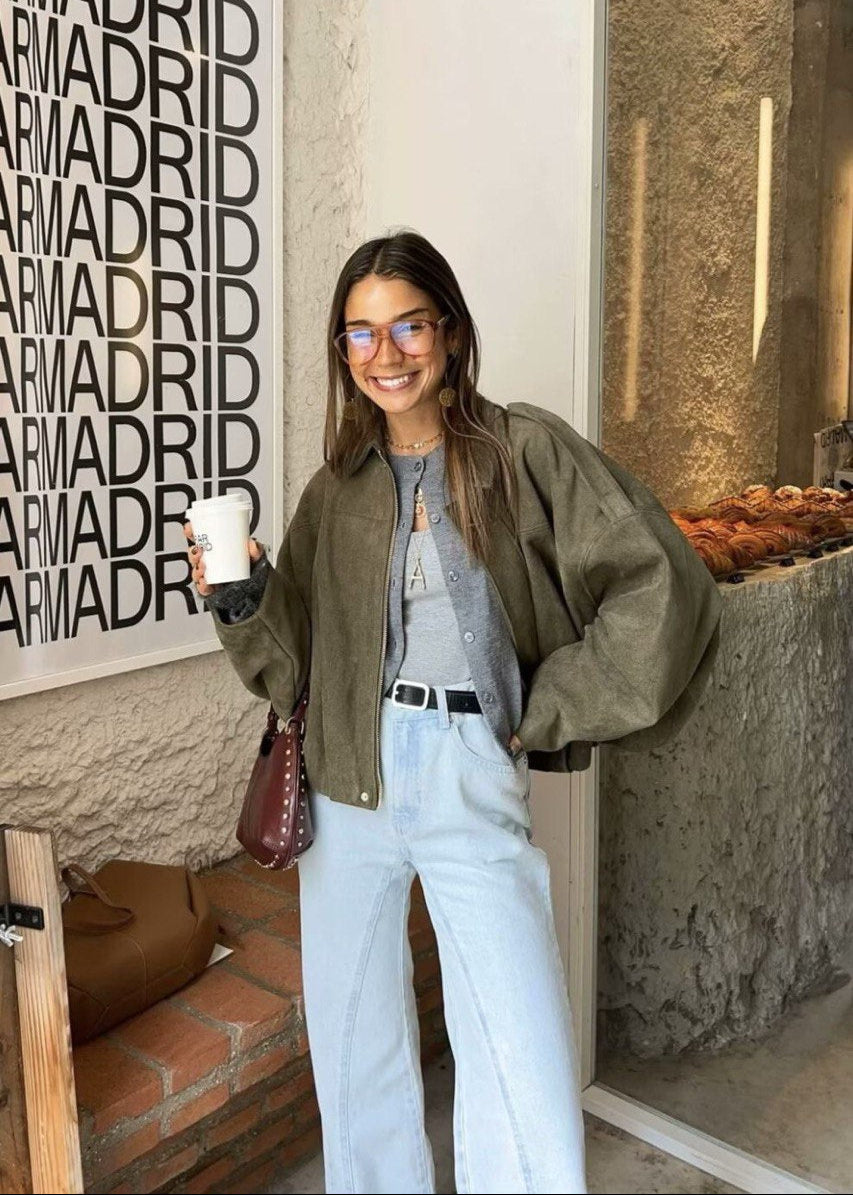 OliveAura Oversized Suede Zip Jacket