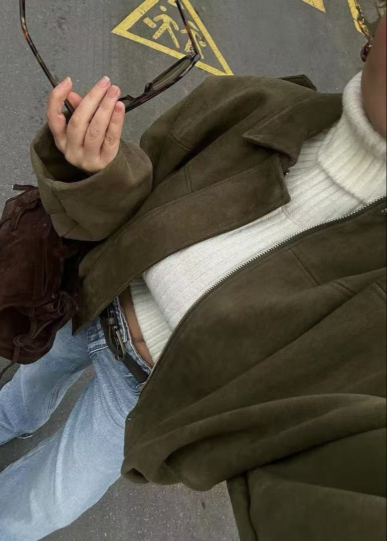 OliveAura Oversized Suede Zip Jacket