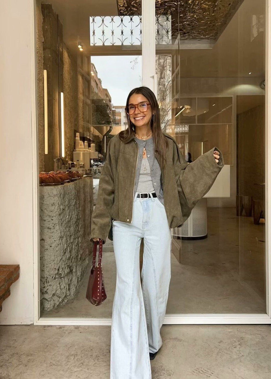 OliveAura Oversized Suede Zip Jacket