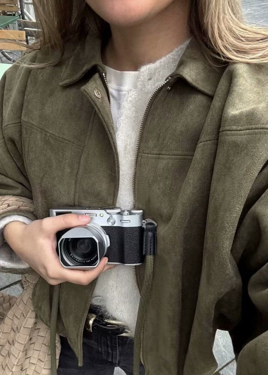 OliveAura Oversized Suede Zip Jacket